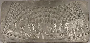 Relief moulded metal plaque for sewing box