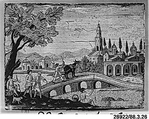 Riverview with figures and bridge by Leonardus Quesi