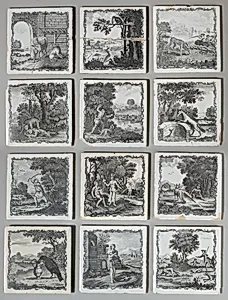 Set of twelve tiles with scenes from Aesop's Fables