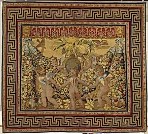 Six Putti Dancing Around a Globe and a Palm from a set of the Giochi di Putti by Barberini Manufactory|Giovanni da Udine (Giovanni dei Ricamatori)|Tommaso Vincidor (Tommaso di Andrea)|Raphael (Raffaello Sanzio or Santi)