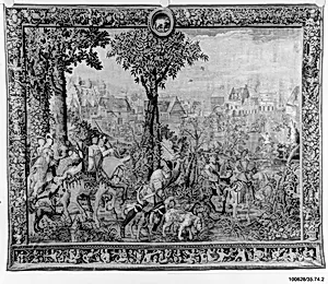 The Arrival at the Hunting Lodge, or April from a set of the Hunts of Maximilian by Manufacture Nationale des Gobelins|Bernard van Orley|Jean de La Croix