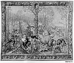 The Final Assault on the Boar, or December from a set of the Hunts of Maximilian by Manufacture Nationale des Gobelins|Bernard van Orley|Jean-Baptiste Mozin|Jean de La Croix|Dominique de La Croix|Louis XIV, King of France