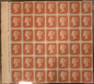 Unused block of forty-two "Penny Red-Brown" postage stamps of Queen Victoria