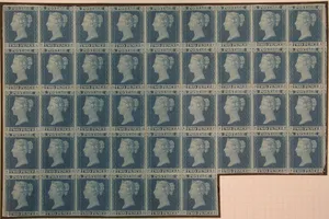 Unused block of forty-two "Two Penny Blue" postage stamps of Queen Victoria