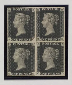 Unused block of four "Penny Black" postage stamps of Queen Victoria