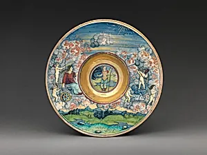 Wide-rimmed bowl depicting figures from Virgil's Aeneid by Maestro Giorgio Andreoli|Marcantonio Raimondi|Raphael (Raffaello Sanzio or Santi)|Painter of the Three Graces