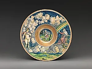 Wide-rimmed bowl with figures from Virgil's Aeneid by Maestro Giorgio Andreoli|Marcantonio Raimondi|Raphael (Raffaello Sanzio or Santi)|Painter of the Three Graces