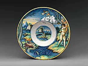 Wide-rimmed bowl with Perseus and Andromeda by "In Castel Durante" Painter