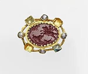Jasper intaglio in a gold mount set with pearls and glass