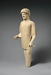 Limestone statue of a male votary wearing a wreath and long tunic