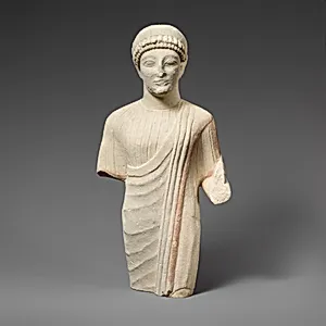 Limestone statuette of a beardless male votary with a diadem