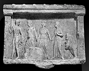 Marble relief of Hermes, three nymphs, and Acheloös