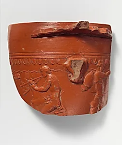 Terracotta fragment of an Arretine cup with satyrs by Perennius