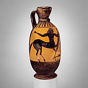 Terracotta lekythos (oil flask) with centaur battling a warrior by Painter of London B 31