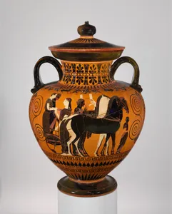 Terracotta neck-amphora (jar) with lid and knob (27.16)