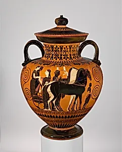 Terracotta neck-amphora (jar) with lid and knob (27.16) by Exekias