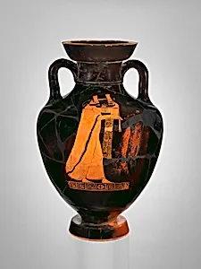 Terracotta neck-amphora of Panathenaic shape (jar) by Pan Painter