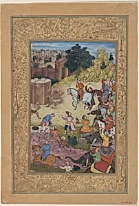 "A Bathhouse Keeper is Consumed by Passion for his Beloved", Folio from a Khamsa (Quintet) of Amir Khusrau Dihlavi by Amir Khusrau Dihlavi|Nar Singh