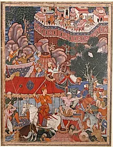"Assad Ibn Kariba Launches a Night Attack on the Camp of Malik Iraj", Folio from a Hamzanama (The Adventures of Hamza) by Basavana|Shravana|Tara