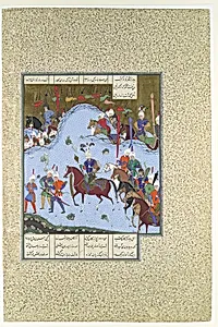"Bahram Gur Advances by Stealth against the Khaqan," Folio 577v from the Shahnama (Book of Kings) of Shah Tahmasp by Bashdan Qara|Abu'l Qasim Firdausi