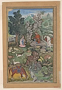 "Bahram Gur Sees a Herd of Deer Mesmerized by Dilaram' s Music", Folio from a Khamsa (Quintet) of Amir Khusrau Dihlavi by Miskin|Amir Khusrau Dihlavi