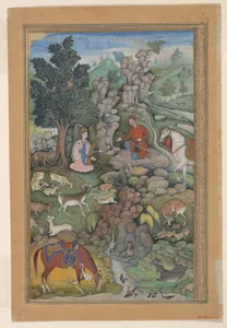 "Bahram Gur Sees a Herd of Deer Mesmerized by Dilaram' s Music", Folio from a Khamsa (Quintet) of Amir Khusrau Dihlavi