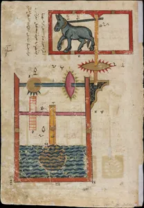 "Design on Each Side for Waterwheel Worked by Donkey Power", Folio from a Book of the Knowledge of Ingenious Mechanical Devices by al-Jazari