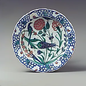 Dish Depicting Two Birds among Flowering Plants