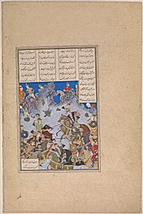 "Khusrau Parviz's Charge against Bahram Chubina", Folio 707v from the Shahnama (Book of Kings) of Shah Tahmasp by Bashdan Qara|Abu'l Qasim Firdausi