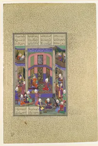 "Manuchihr Welcomes Sam but Orders War upon Mihrab", Folio 80v from the Shahnama (Book of Kings) of Shah Tahmasp