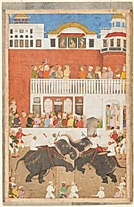 "Shah Jahan Watching an Elephant Fight", Folio from a Padshahnama by Bulaqi