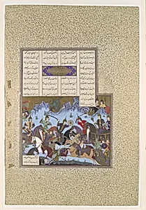 "Sufarai's Victory over the Haital", Folio 595v from the Shahnama (Book of Kings) of Shah Tahmasp by Bashdan Qara|Abu'l Qasim Firdausi