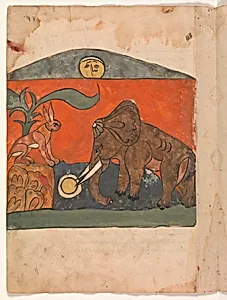 "The Clever Hare with the King of the Elephants at the Spring of the Moon", Folio from a Kalila wa Dimna