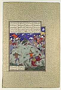 "The Combat of Rustam and Ashkabus", Folio 268v from the Shahnama (Book of Kings) of Shah Tahmasp by Mirza Muhammad Qabahat|Abu'l Qasim Firdausi|'Abd al-'Aziz