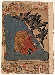 "The Crows Trap the Owls in Their Cave by Lighting a Fire at the Entrance and Fanning it with Their Wings" , Folio from a Kalila wa Dimna