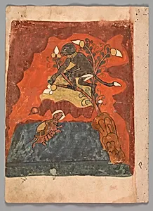 "The Deposed Monkey King Drops Figs for the Tortoise and the Two Become Friends", Folio from a Kalila wa Dimna