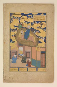 "The Mi'raj or The Night Flight of Muhammad on his Steed Buraq", Folio 3v from a Bustan of Sa`di