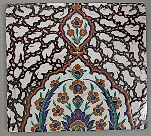 Tile with Floral Cartouche Design on Ebru (Marble Imitation Pattern) Background