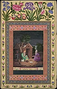 "Two Old Men in Discussion Outside a Hut", Folio from the Davis Album by 'Ali Quli Jabbadar