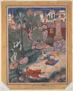 "'Umar Walks around Fulad Castle, Meets a Foot Soldier and Kicks Him to the Ground", Folio from a Hamzanama (The Adventures of Hamza)