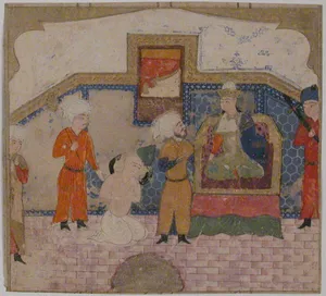 "Zahhak Brought as a Prisoner before Faridun", Folio from a Shahnama (Book of Kings)