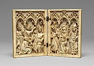 Diptych with the Adoration of the Magi (left); Saint Christopher, Vera Icon (True Image) of Christ Held up by an Angel, and Bishop-Saint (right)