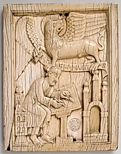 Evangelist Saint Mark writing the Gospel with his symbol, the Lion, holding a scroll