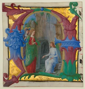 Manuscript Illumination with the Holy Women at the Tomb in an Initial A, from an Antiphonary