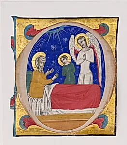 Manuscript Illumination with Tobit, Tobias, and the Archangel Raphael in an Initial O, from an Antiphonary