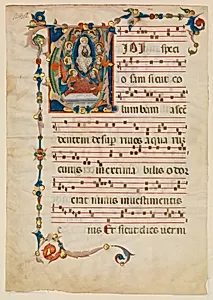Manuscript Leaf with the Assumption of the Virgin in an Initial V, from an Antiphonary by Niccolò di ser Sozzo