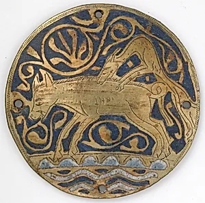 Medallion with Hunting Dog Attacking Boar Crossing Water
