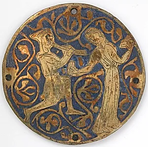 Medallion with Youth Playing Pipe for Dancing Woman with Castanets