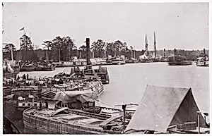 [Barges, Steamers, and Transports, White House Landing, Pamunkey River, Virginia] by Timothy H. O'Sullivan|Mathew B. Brady