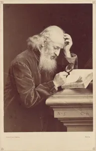 [Bearded Man with Magnifying Glass Examining a Manuscript]